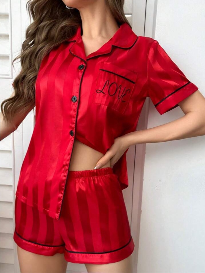 Luxenights Pocket Embroidered Jacquard Satin Button Up Collar Shirt And Shorts Set